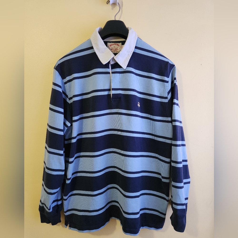 Brooks Brothers Light Blue and Navy Striped Rugby Shirt